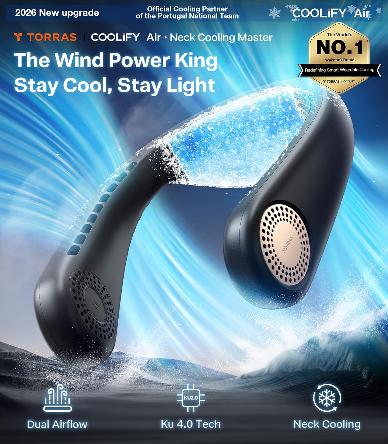 TORRAS COOLiFY Air 2026 Upgraded Neck Fan Air Conditioner, Dual-Airflow Pro Cooling, Ultra Light Portable Fan Rechargeable, Personal Cooling Fan Travel Essentials, Gift for Mom Wife Mother, Black