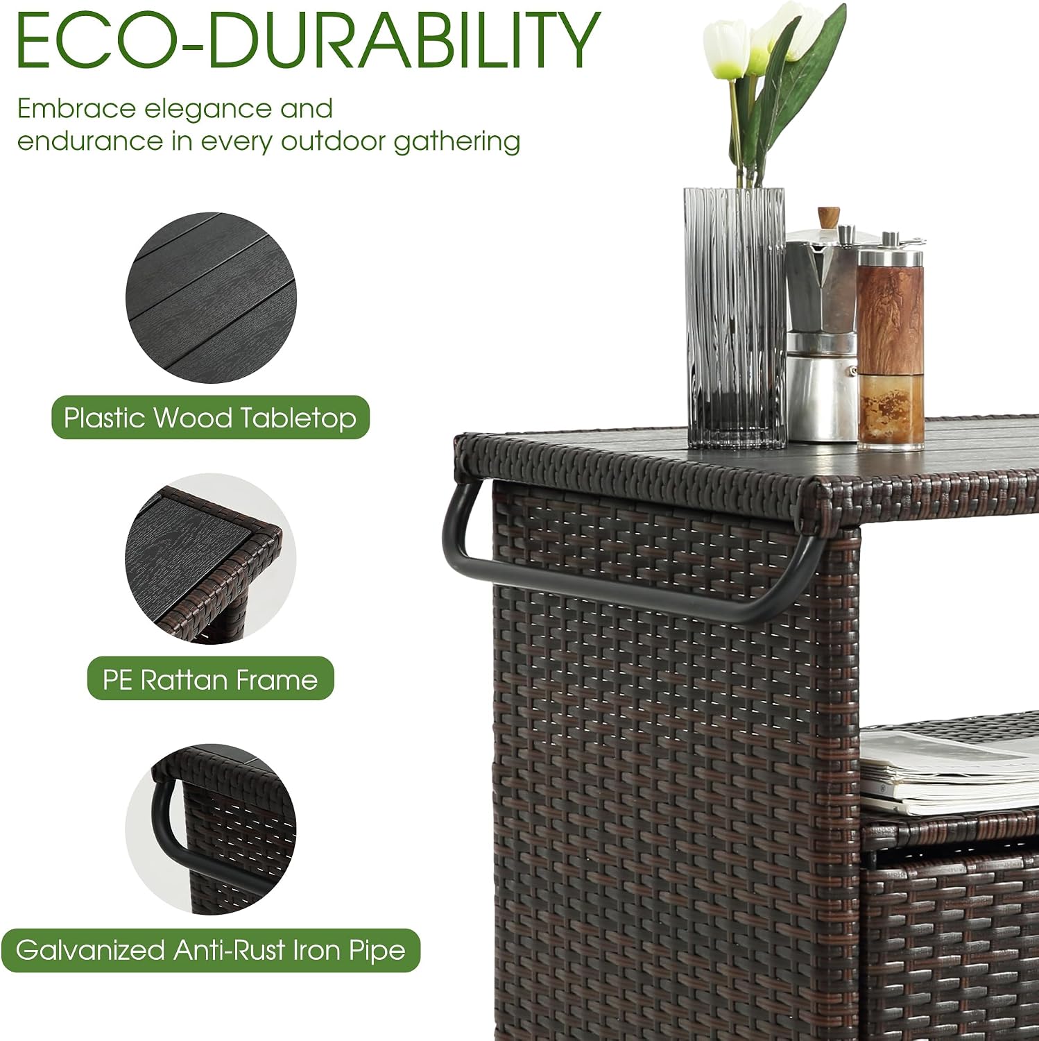 HOMEFUN Outdoor Bar Cart with Storage Cabinet - Outside Bar Table with Wheels Wicker Grill Carts Patio Kitchen Island Table Weatherproof Prep Stand, Brown
