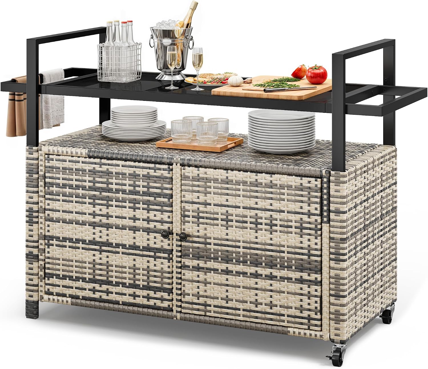 YITAHOME XL Outdoor Storage Cabinet, Outdoor Storage Cart with Wheels and Black Glass Table Top for Patio, Outdoor Cabinet for Poolside and Backyard (Gray Gradient)