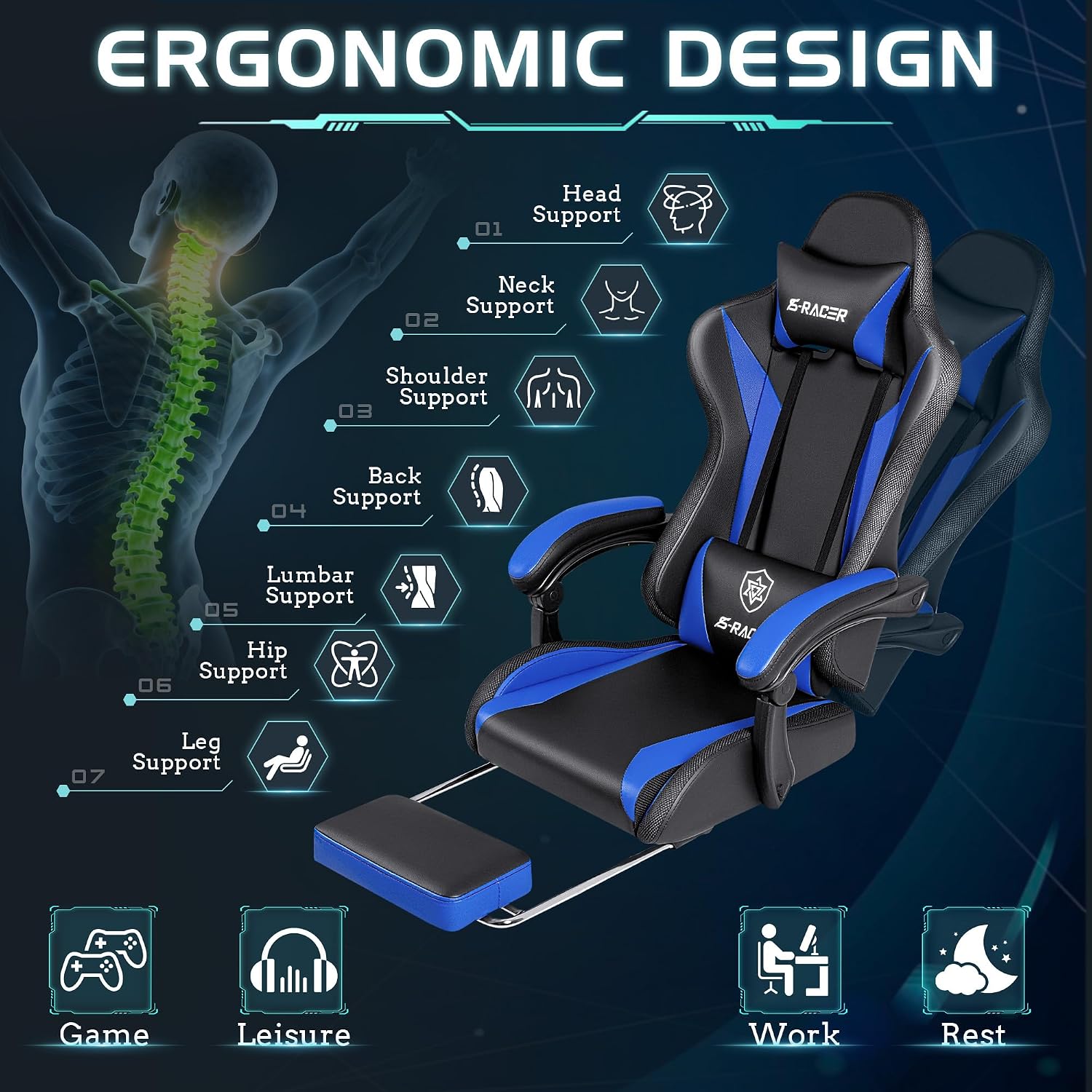 Homall Gaming Chair with Massage & Footrest, Ergonomic Computer Office Chair, High-Back Racing Style Reclining Chair with Adjustable Lumbar Support, PU Leather for Adults (Blue)