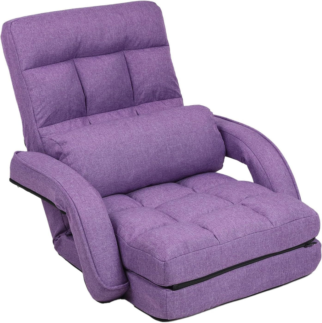 42-Position Adjustable Floor Chair, Chaise Lounge Chair Indoor,Comfy Folding Lazy Sofa Chair for Adults with Armrests and a Pillow Padded,Gaming Chairs for Living Room,Bedroom,Fabric,Purple