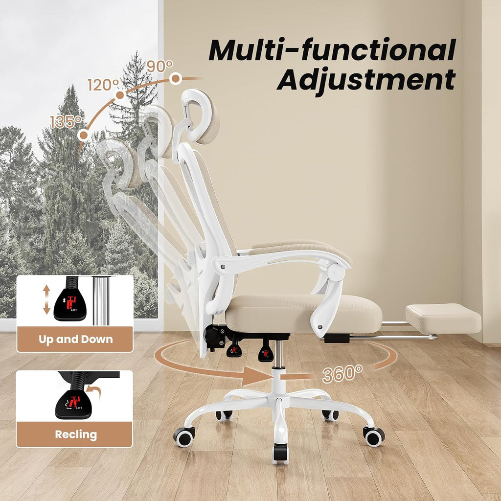 Farini Office Chair with Headrest, Ergonomic Mesh Office Chair with Footrest, High Back Desk Chair with Adjustable Lumber, Swivel Computer Chair for Home Office Study Room, White and Khaki