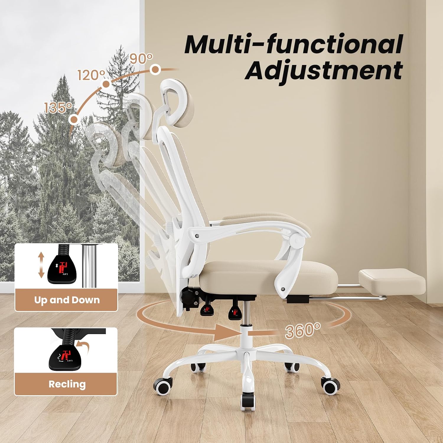 Farini Office Chair with Headrest, Ergonomic Mesh Office Chair with Footrest, High Back Desk Chair with Adjustable Lumber, Swivel Computer Chair for Home Office Study Room, White and Khaki