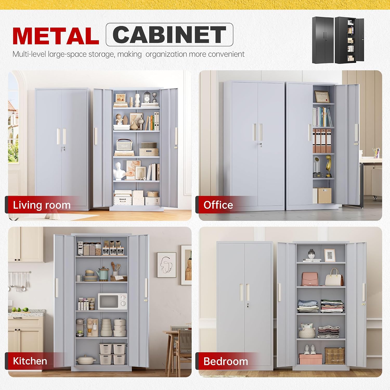 Superday 63' Lockable Steel Storage Cabinet, Locking Metal Storage Cabinets, Tall Grey Cabinet with 2 Doors and 4 Adjustable Shelves for Garage, Home Office, Classroom, Pantry, File