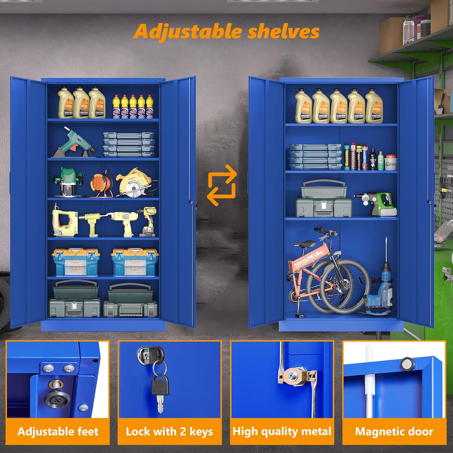 STANI Metal Garage Storage Cabinet with Lock, 71' Steel Lockable File Cabinet, Locking Steel Storage Cabinet with 5 Adjustable Shelves for Home, Office, Garage, Warehouse (Blue, 2 Door - 71' H)