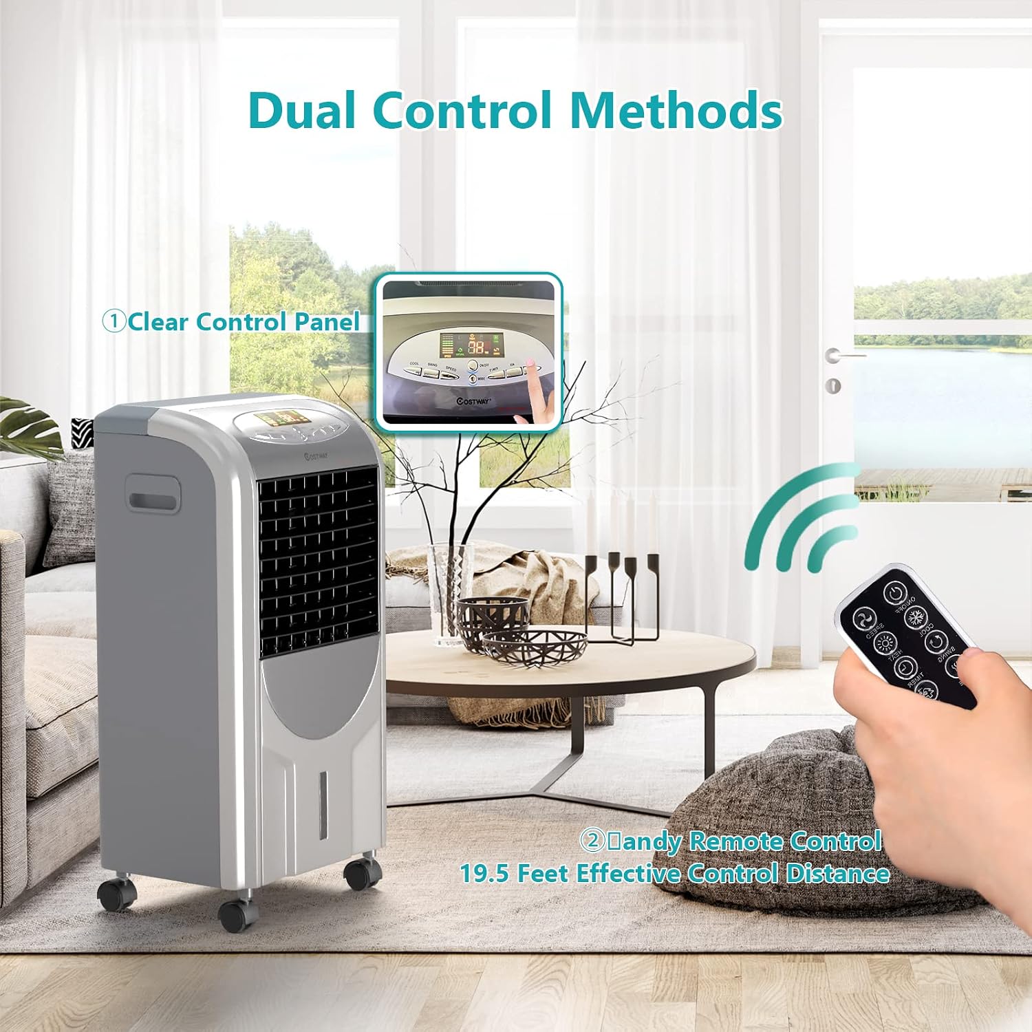 COSTWAY Evaporative Cooler and Heater, 5-in-1 Portable Air Cooler with Remote Control, 8-Hour Timer, 2 Ice Boxes, Quiet Operation, Bladeless Air Cooler for Indoor Use Home Office Dorms Grey