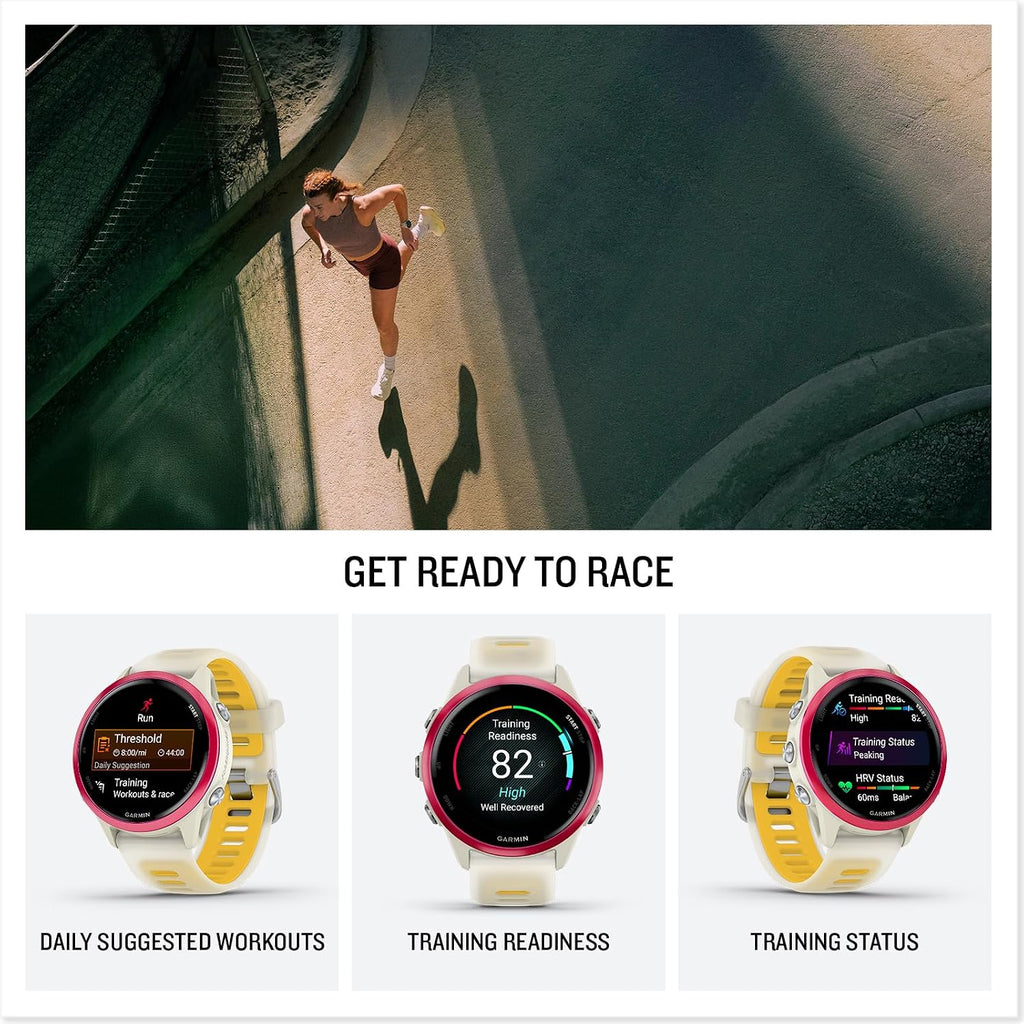 PlayBetter Garmin Forerunner 570 (42mm, Raspberry/Translucent Bone Mango) Advanced GPS Running and Triathlon Smartwatch Bundle HD Screen Protectors & Wireless Earbuds