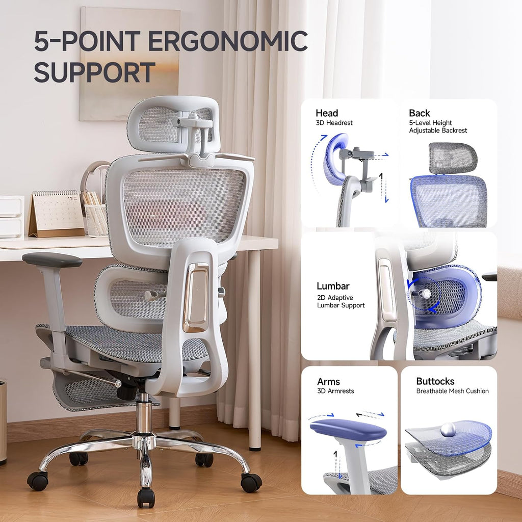 Office Chair with Footrest, Ergonomic Chair with 3D Headrest, Computer Chair with Adjustable Backrest & 3D Armrest, Gaming Chair with Adaptive Lumbar Support, Mesh Backrest & Cushion, Grey