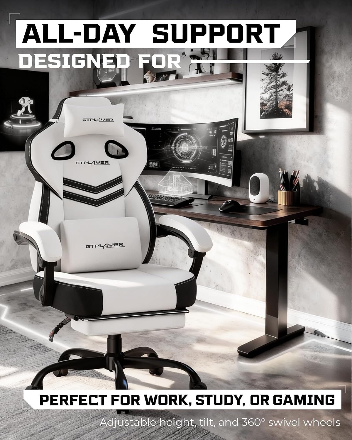 GTPLAYER Gaming Chairs for Adult - Ergonomic Big & Tall Gaming Seat with Footrest & Lumbar Support, Comfortable Office Chair 90-155° Reclining - Heavy Duty Wide Computer Seat, White Grey