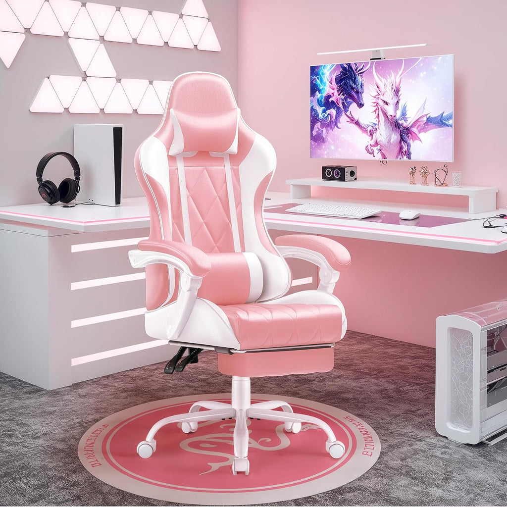Shahoo Gaming Chair with Footrest and Massage Lumbar Support, Ergonomic Computer Seat Height Adjustable with 360°Swivel and Headrest, Pink1
