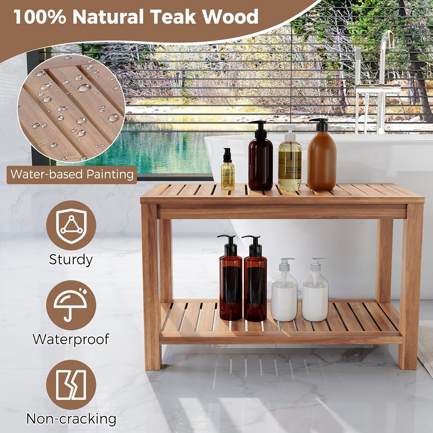 Giantex Teak Shower Bench with Shelf, 30 Inch Shower Stool with Slatted Seat for Elderly Seniors, Waterproof Bathroom Spa Bathing Seat Foot Rest Entryway Bench for Indoor and Outdoor Use