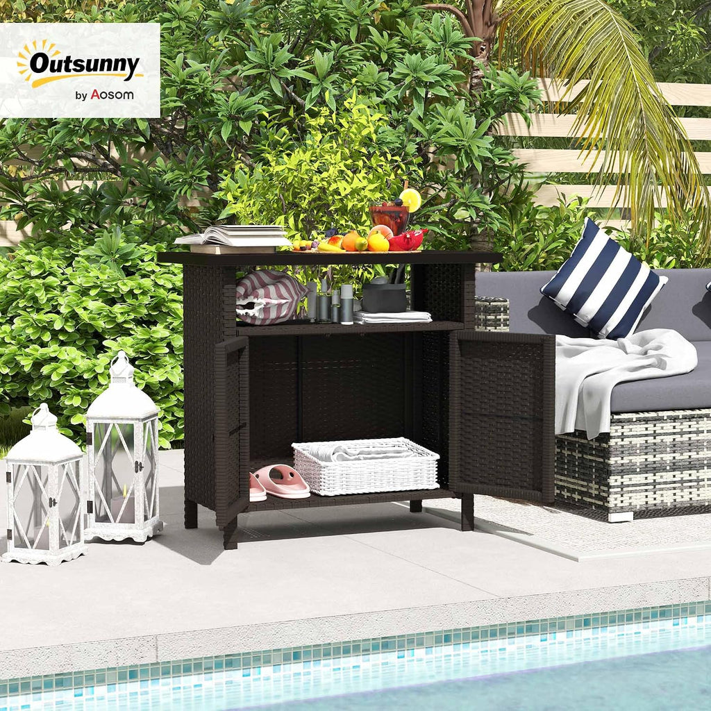 Outsunny Wicker Outdoor Storage Cabinet, Rattan Outdoor Bar Table with 2 Doors and Shelf, Outdoor Buffet Cabinet Sideboard with Metal Slatted Countertop for Poolside, Patio, Backyard, Dark Coffee