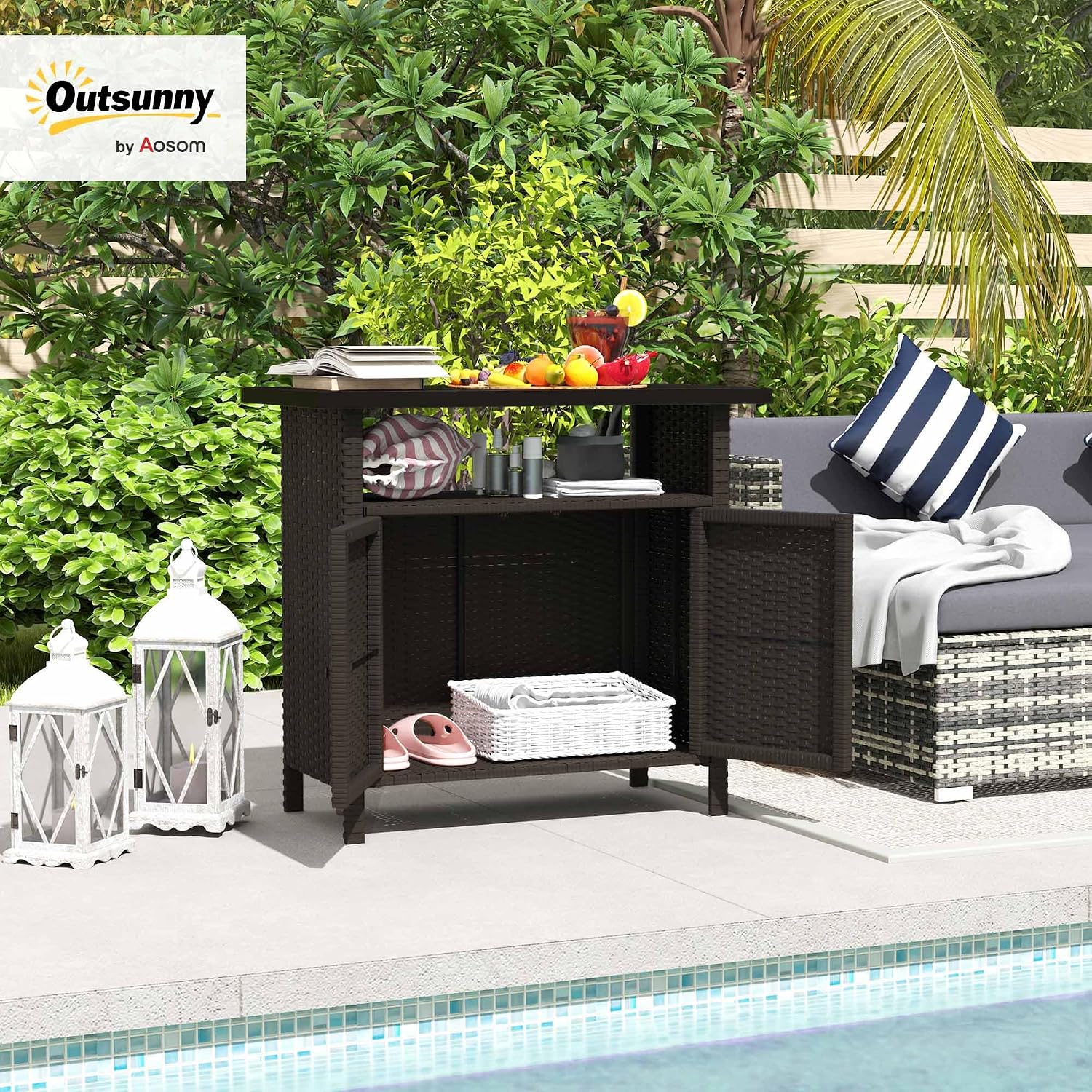 Outsunny Wicker Outdoor Storage Cabinet, Rattan Outdoor Bar Table with 2 Doors and Shelf, Outdoor Buffet Cabinet Sideboard with Metal Slatted Countertop for Poolside, Patio, Backyard, Dark Coffee