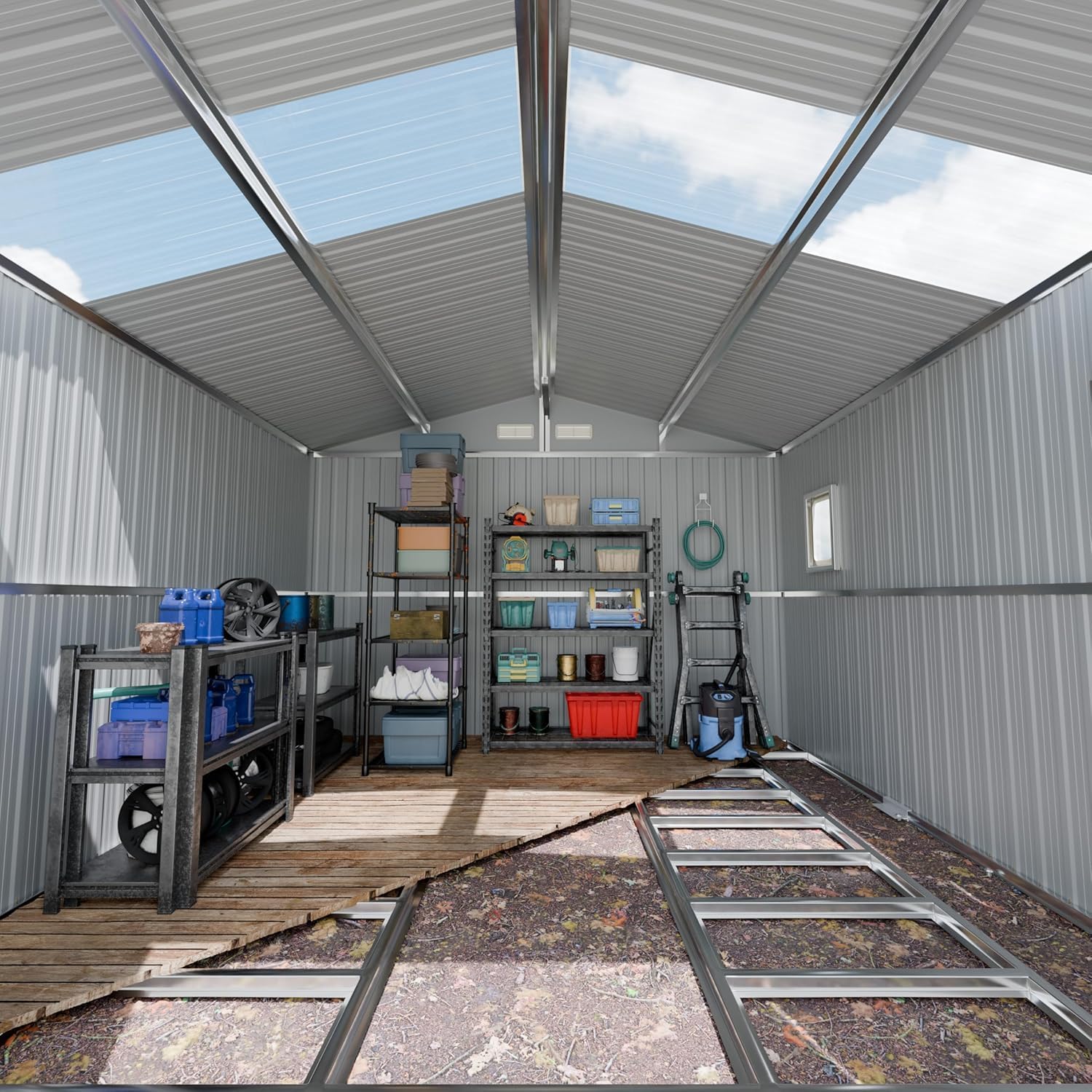Restland 10x10 FT Outdoor Storage Shed with Floor Base Frame Reinforced Metal Shed with Clear Roof, Air Vent & Lockable Door Large Garden Storage Sheds for Backyard, Lawn