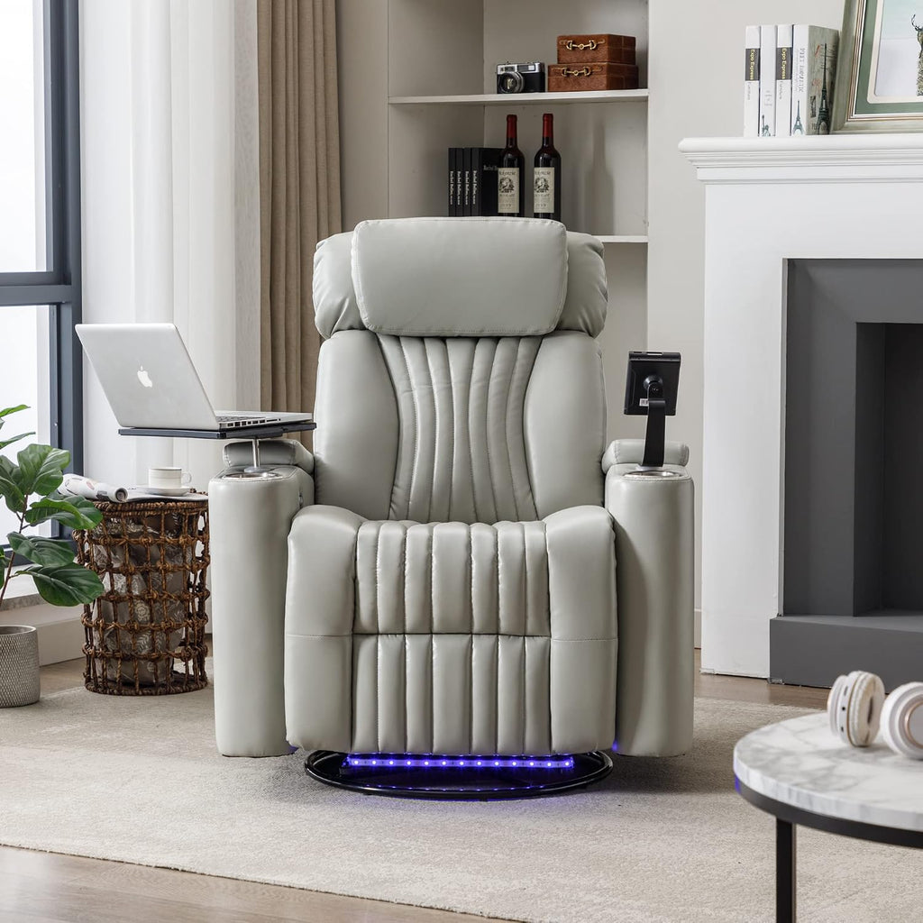 Merax 270 Degrees Power Swivel Recliner,Home Theater Seating with Hidden Arm Storage and LED Light Strip,Cup Holder,360 Degrees Swivel Tray Table,and Cell Phone Holder,Soft Living Room Chair,Grey