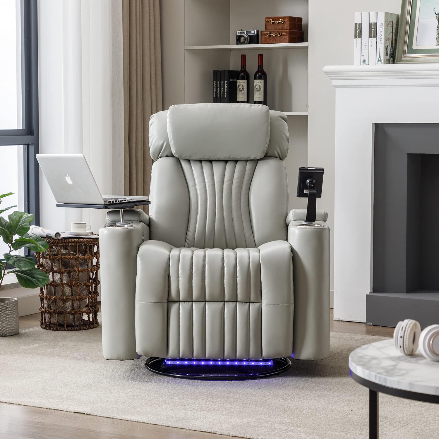 Merax 270 Degrees Power Swivel Recliner,Home Theater Seating with Hidden Arm Storage and LED Light Strip,Cup Holder,360 Degrees Swivel Tray Table,and Cell Phone Holder,Soft Living Room Chair,Grey