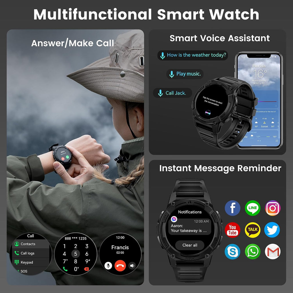 KOSPET Tank S2 Smart Watch for Men Women GPS, 5ATM Waterproof, Pressure/Altitude/Compass, 1.32' AMOLED Display Fitness Tracker(Answer/Make Call), AI Voice Assistant, 24H Sleep/Hear Rate Monitor