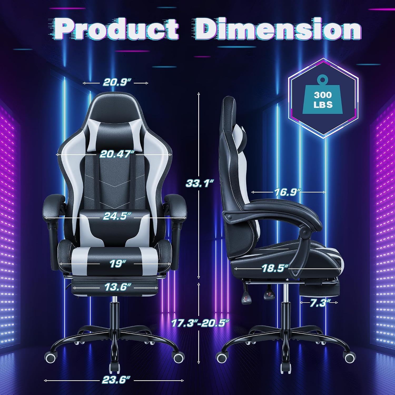 Shahoo Gaming Chair with LED Lights, Footrest and Massage Lumbar Support, Ergonomic Computer Seat Height Adjustable with 360°Swivel and Headrest, White with RGB