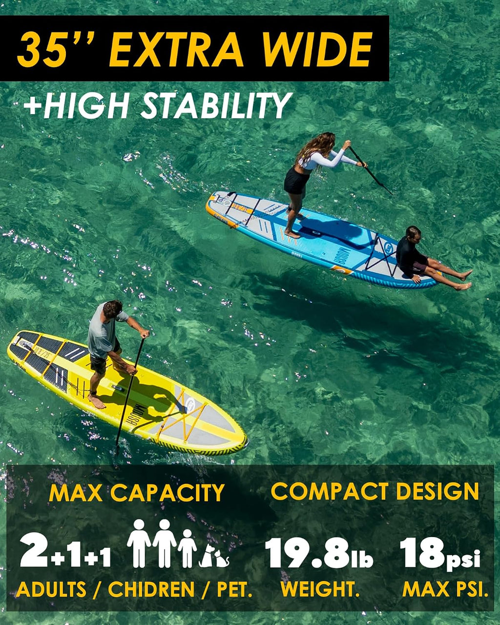 MOUSA 10'8/11'×35' Extra Wide Inflatable Stand Up Paddle Board, Stable Paddleboard SUP for 2 People/Family, Anti-Slip Full EVA Deck, 3 Handles, 100L Backpack, All-Round Sup Board, Big Fin