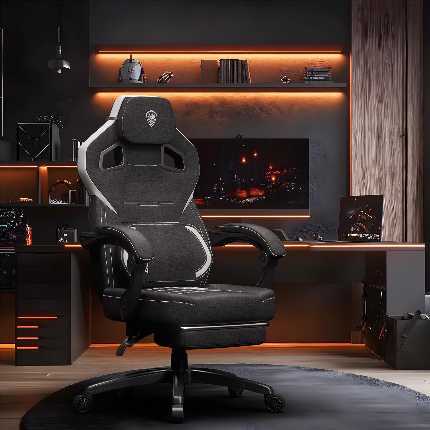 Dowinx Gaming Chair Big and Tall, Fabric Ergonomic Gaming Chairs with Footrest,Wide Back Gamer Chair for Heavy People, Black
