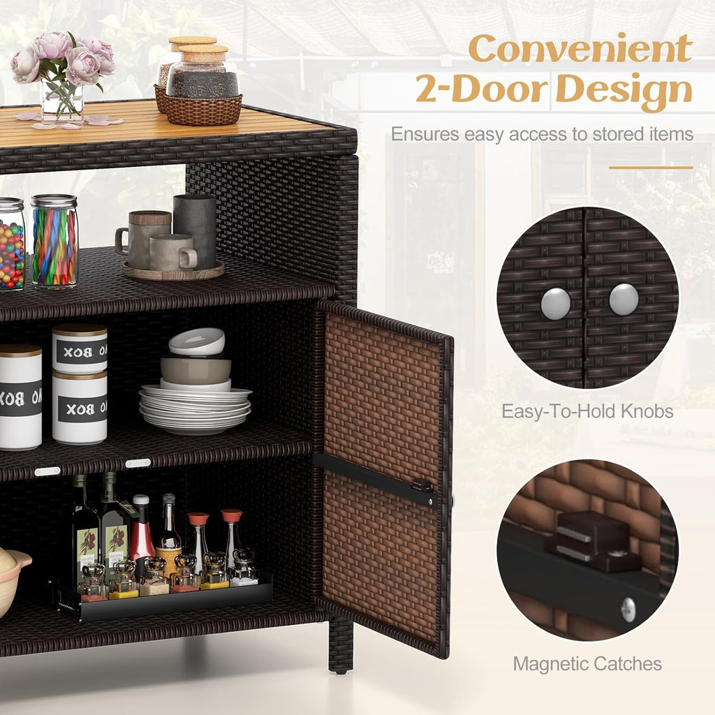RELAX4LIFE Wicker Outdoor Bar Cabinet - PE Rattan Patio Bar Table w/Acacia Wood Countertop, Open Shelf & 2 Doors, Buffet Sideboard Organizer for Garden Backyard Pool, Outside Storage Cabinet (Brown)