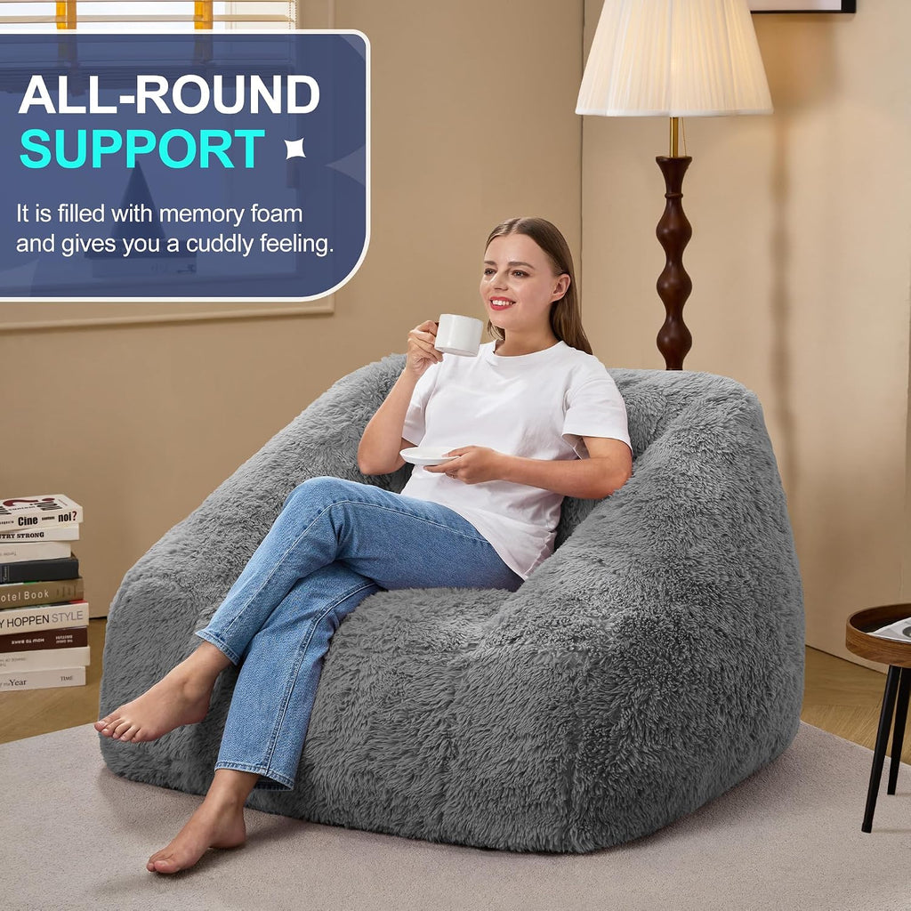 Hobestluk Giant Bean Bag Chair Memory Foam Filled Sofa Chair Bean Bag for Adults/Teens/Kids, Plush Fur Oversized Lazy Sofa for Living Room Bedroom Dorm(Light Grey)