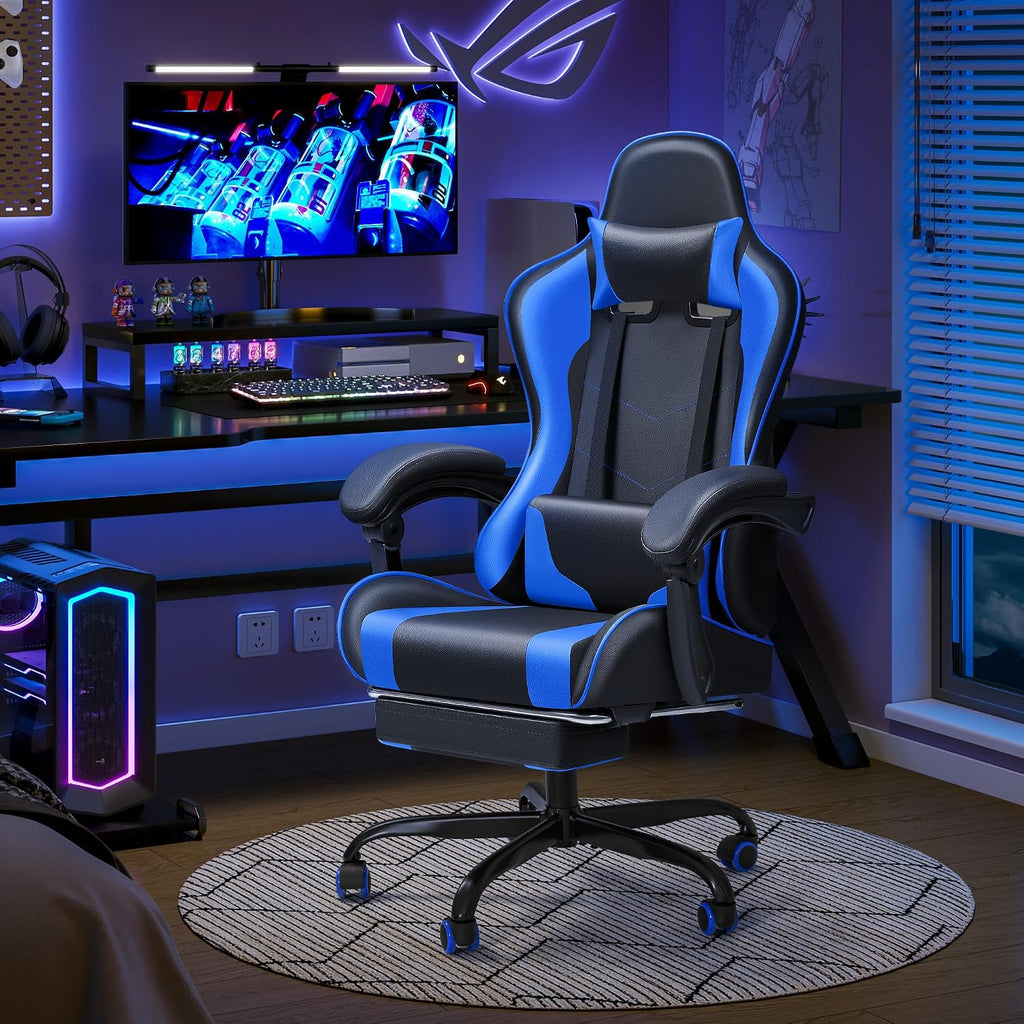 JUMMICO Gaming Chair Ergonomic Computer Chair with Footrest and Massage Lumbar Support, Height Adjustable Video Gaming Chair with 360° Swivel Seat and Headrest (Blue)