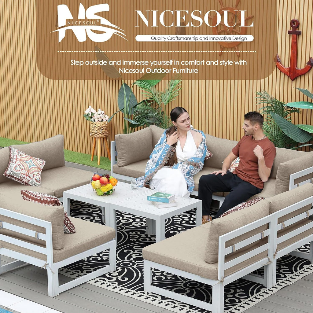 NICESOUL 8 Piece Modern Aluminum Patio Furniture Set, 500lbs Heavy Duty Durable Outdoor Sectional Sofa, 29' Deep Wide Oversized Seating, L Shaped Comfortable Conversation Couch for Garden Deck, Beige