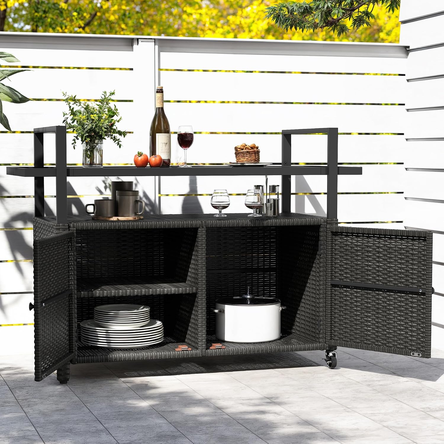 DWVO Patio Storage Cabinet,Outdoor Bar Cart with Glass Top,Outdoor Storage Table with Wheels for Patio, Poolside and Backyard,Black