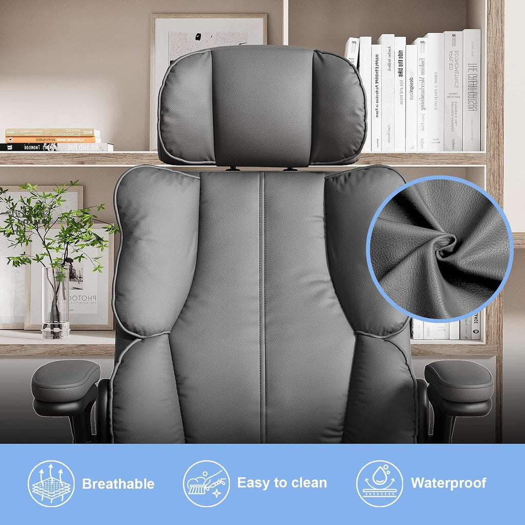 Kensaker Ergonomic Executive Office Chair with Adjustable Headrest & 90° Flip-Up Arms, High Back PU Leather Computer Desk Chair with 135° Rocking & Double Padding for Home Office Comfort, Gray