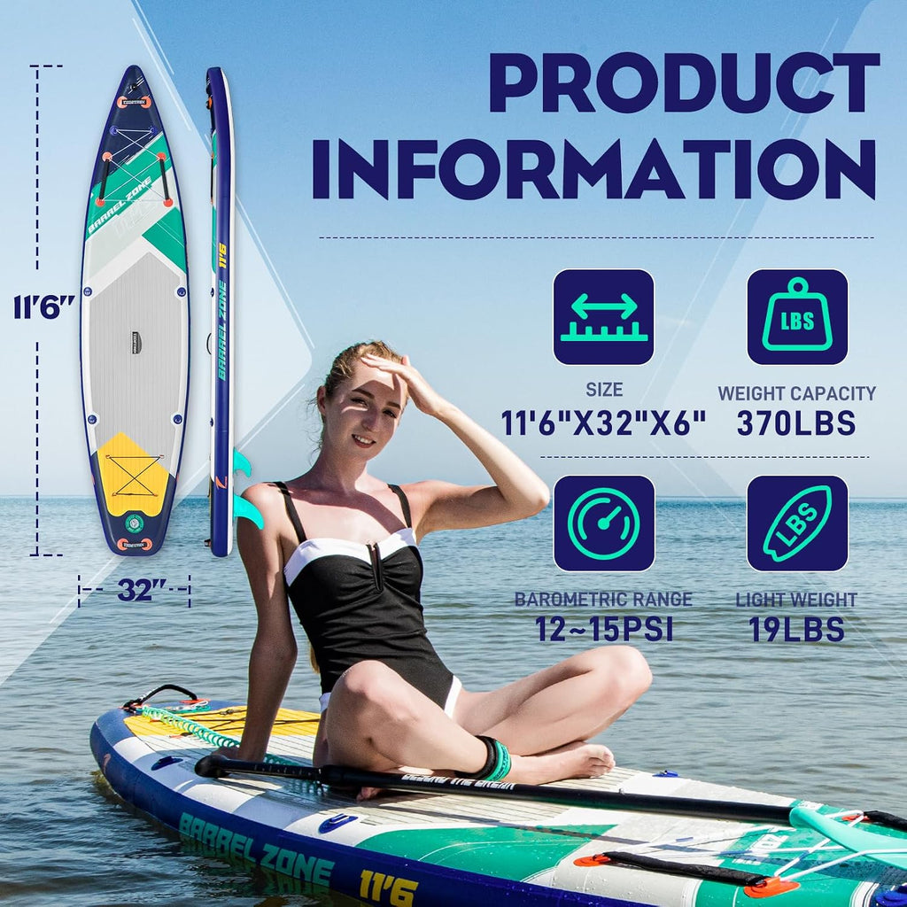 11'6' Inflatable Stand Up Paddle Boards, Premium SUP Accessories, Non-Slip Comfort Deck for Youth & Adults