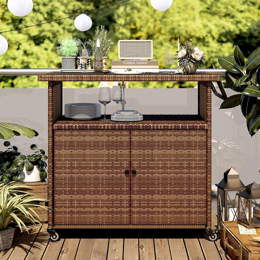 Wicker Outdoor Storage Cabinet with Wheels, Patio Grill Tables for Outside, Outdoor Storage Cabinet for Garden Buffets, Parties, Poolside Gatherings in Brown