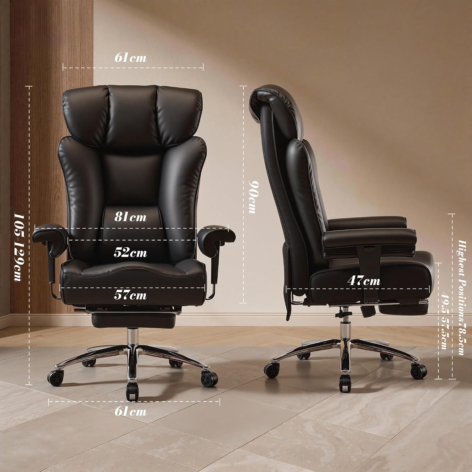 Efomao Big and Tall Office Chair 400 lbs Capacity, Oversized Executive Desk Chair with Footrest, Extra Wide 23' Seat, High Back Ergonomic PU Leather Home Office Chair， Black