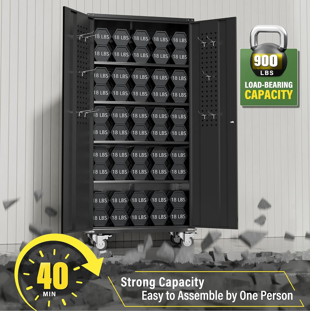 Greenvelly Metal Storage Cabinet with Wheels, 72' Black Garage Rolling Cabinet with Doors and 4 Shelves, Steel Locking Cabinets Tall Tool Lockable Storage Cabinets for Basement, Pantry, Home Office