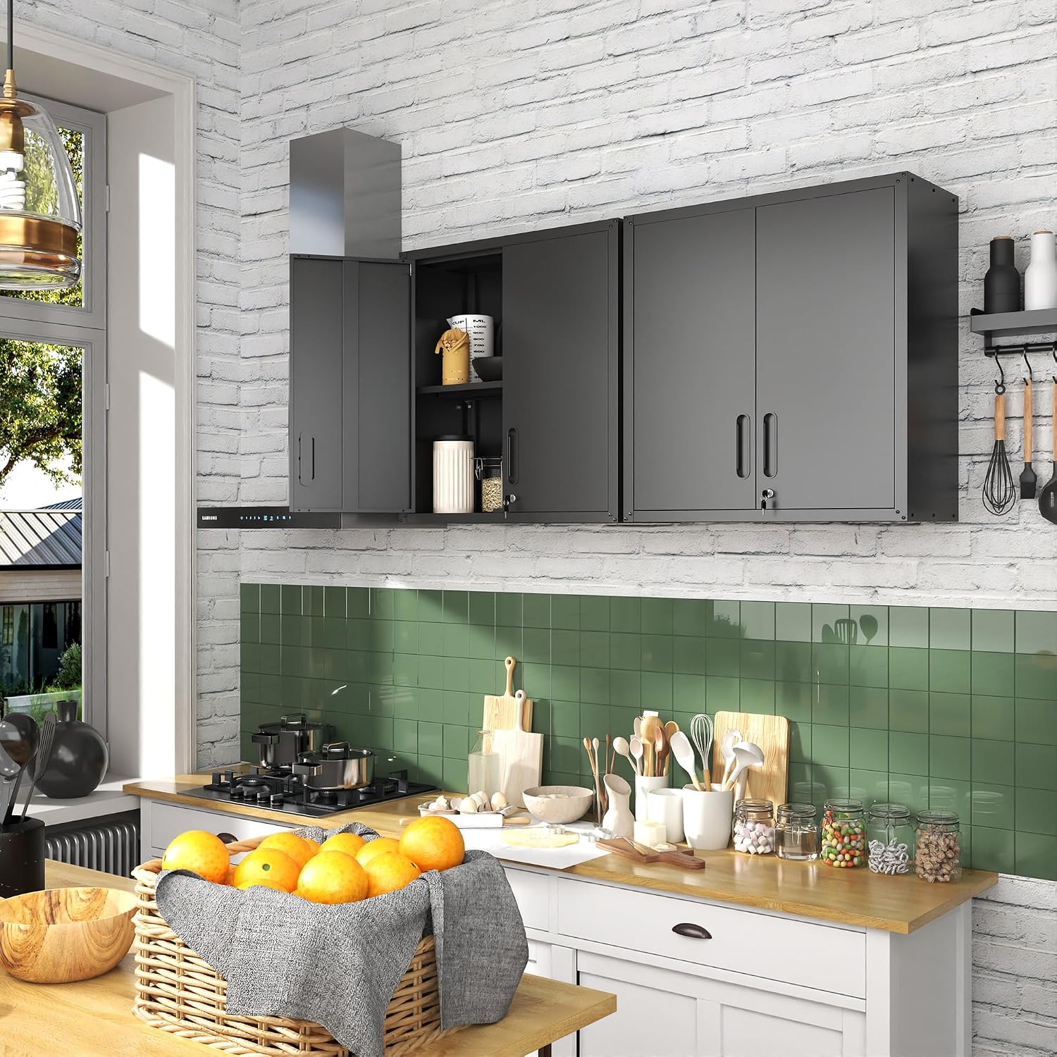 Garage Wall Cabinet with Doors and Shelves, Metal Wall Mounted Storage Cabinet with Lock, Hanging Tool Cabinet for Garage Utility Room, Black