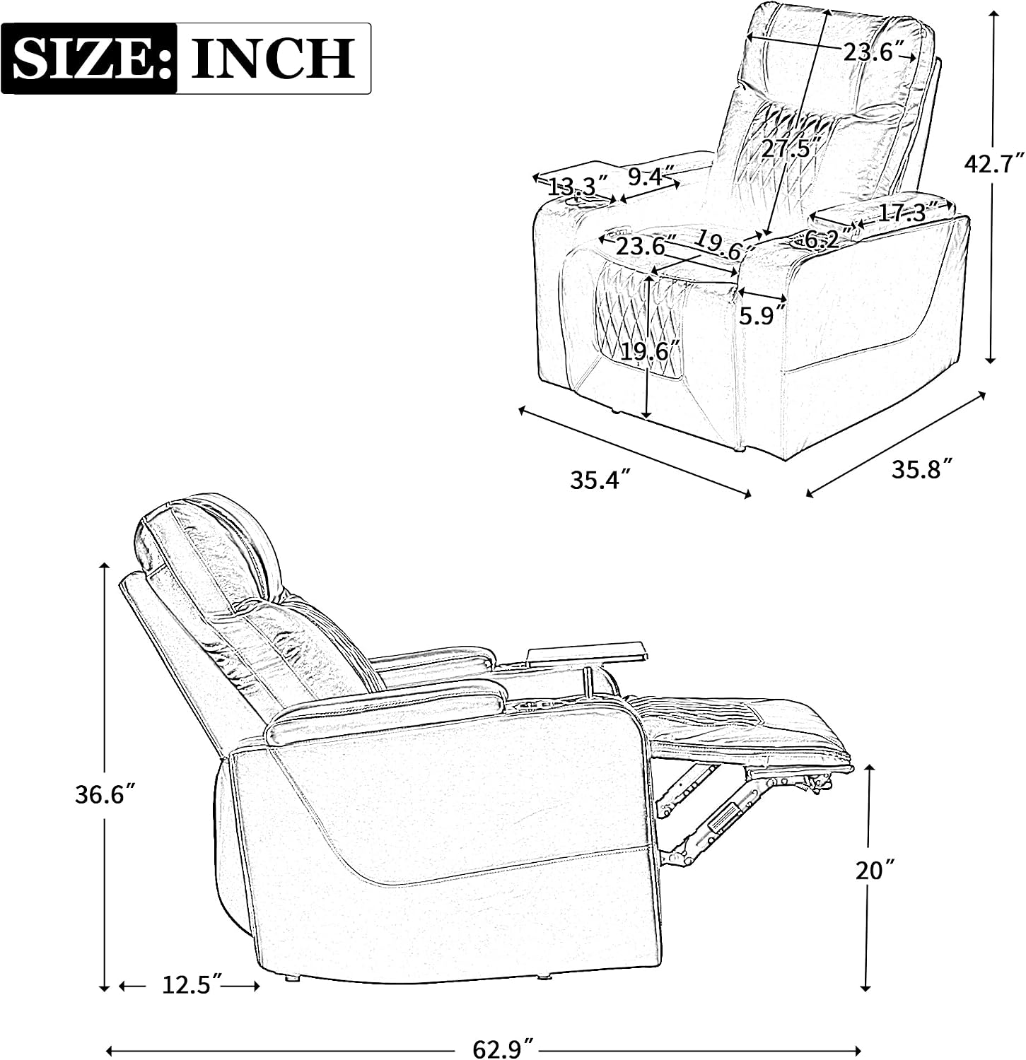 P PURLOVE Power Motion Recliner Chair for Home, PU Recliner Chair with USB Charging Port and Hidden Arm Storage 2 Convenient Cup Holders, Home Theater Seating with 360° Swivel Tray Table (Brown)