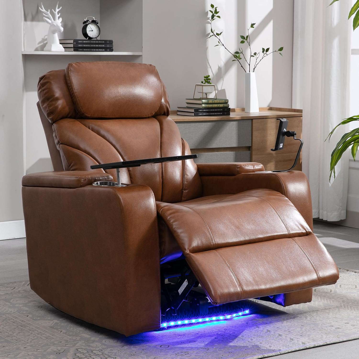 P PURLOVE Power Motion Recliner Chair for Home, PU Electric Recliner with Swivel Tray Table USB Charging Port and Hidden Arm Storage, Home Theater Seating with Cup Holder Design, Light Brown