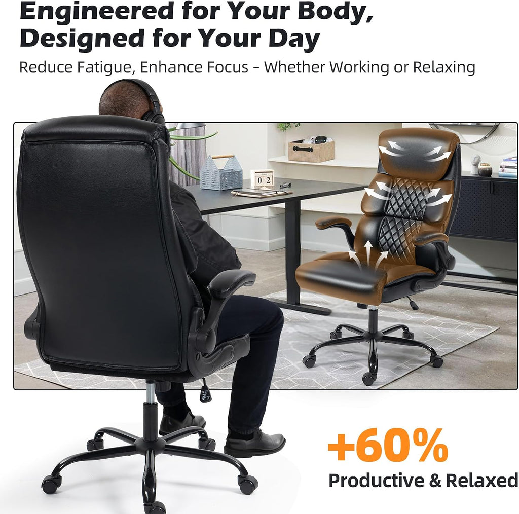 Office Chair - Ergonomic High Back Computer Desk Chair with Rocking Function & Lumbar Support - Executive Comfortable Wide Swivel Rolling Office Leather Chair with Flip-up Armrests for Home Gaming