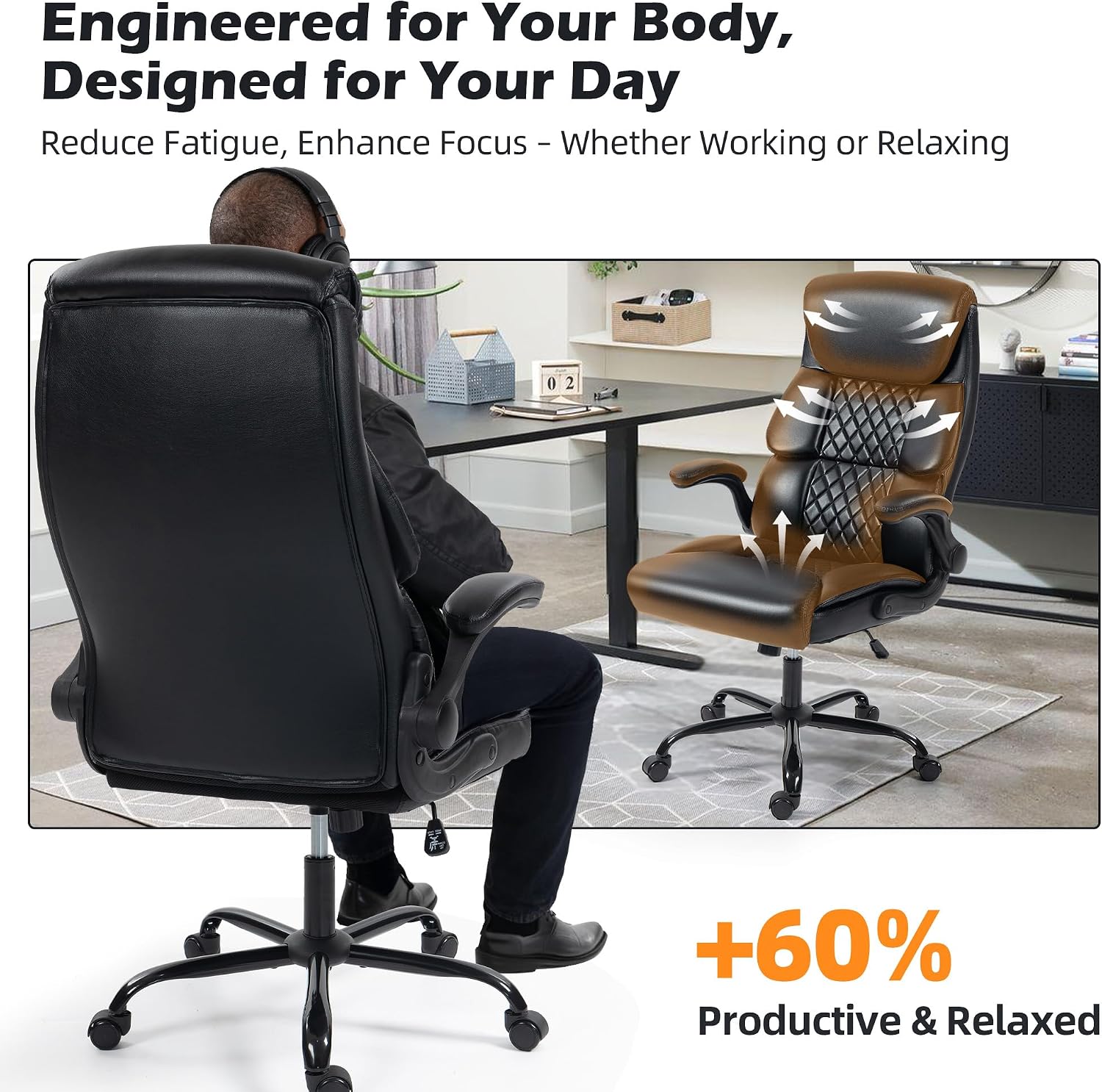 Office Chair - Ergonomic High Back Computer Desk Chair with Rocking Function & Lumbar Support - Executive Comfortable Wide Swivel Rolling Office Leather Chair with Flip-up Armrests for Home Gaming