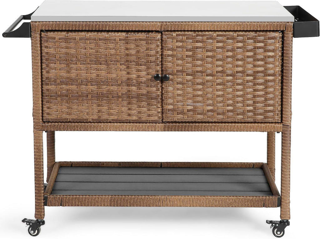 HOMEFUN Outdoor Grill Cart Kitchen Island with Storage Stainless Steel Top BBQ Prep Station Wicker Serving Bar Table with Hooks Wheels Backyard and Patio, Brown