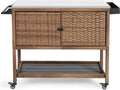 HOMEFUN Outdoor Grill Cart Kitchen Island with Storage Stainless Steel Top BBQ Prep Station Wicker Serving Bar Table with Hooks Wheels Backyard and Patio, Brown