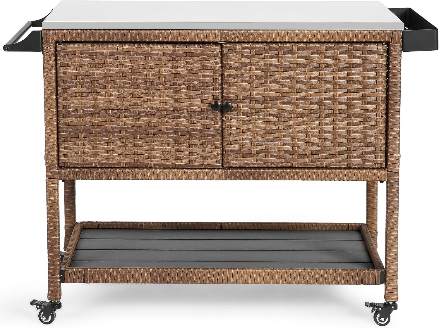 HOMEFUN Outdoor Grill Cart Kitchen Island with Storage Stainless Steel Top BBQ Prep Station Wicker Serving Bar Table with Hooks Wheels Backyard and Patio, Brown