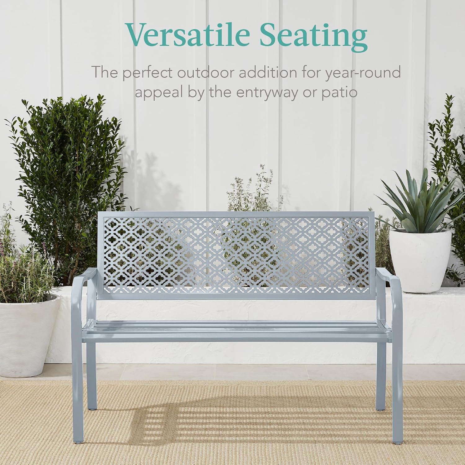 Best Choice Products Outdoor Bench 2-Person Metal Steel Benches Furniture for Garden, Patio, Porch, Entryway w/Geometric Backrest, 790lb Capacity - Light Gray