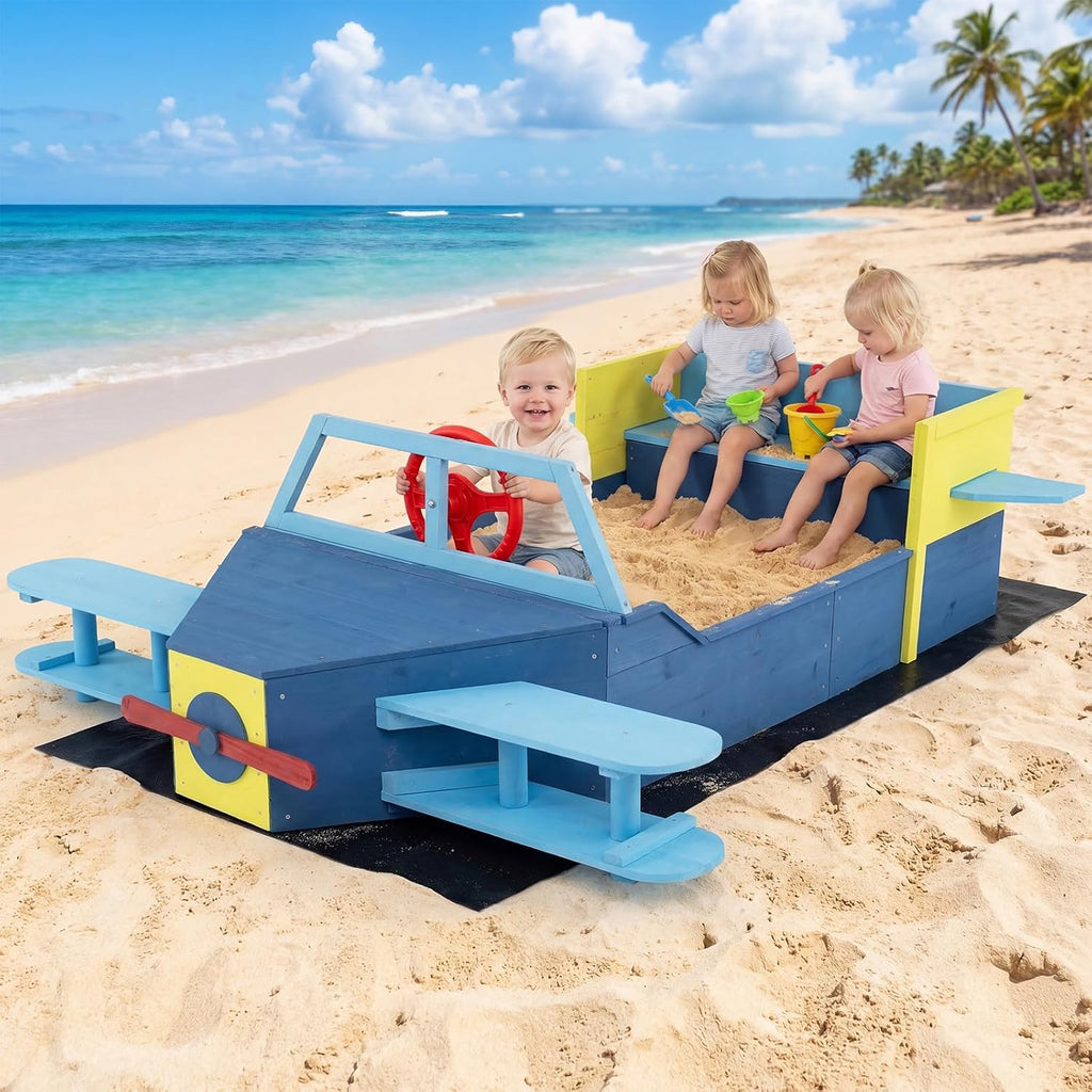 Costzon Sandbox, Fir Wood Glider-Shaped Sand Pit with Bottom Liner, Bench Seat, Propeller, Rotatable Rudder & Side Wings for Kids Boys Girls, Outdoor Playset for Backyard, Beach and Patio