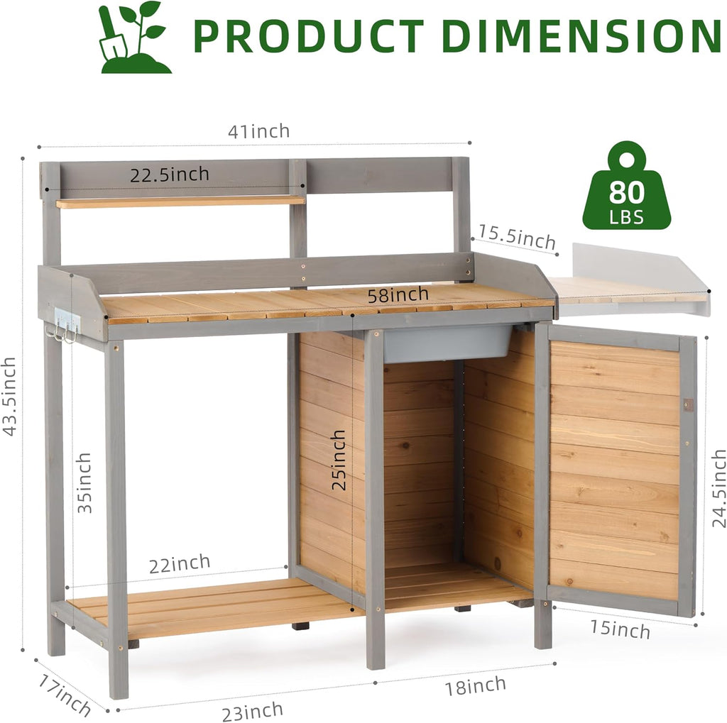 Wooden Potting Bench Table with Sink,Outdoor Garden Table Work Bench with Storage, Workstation for Outside Patio Lawn