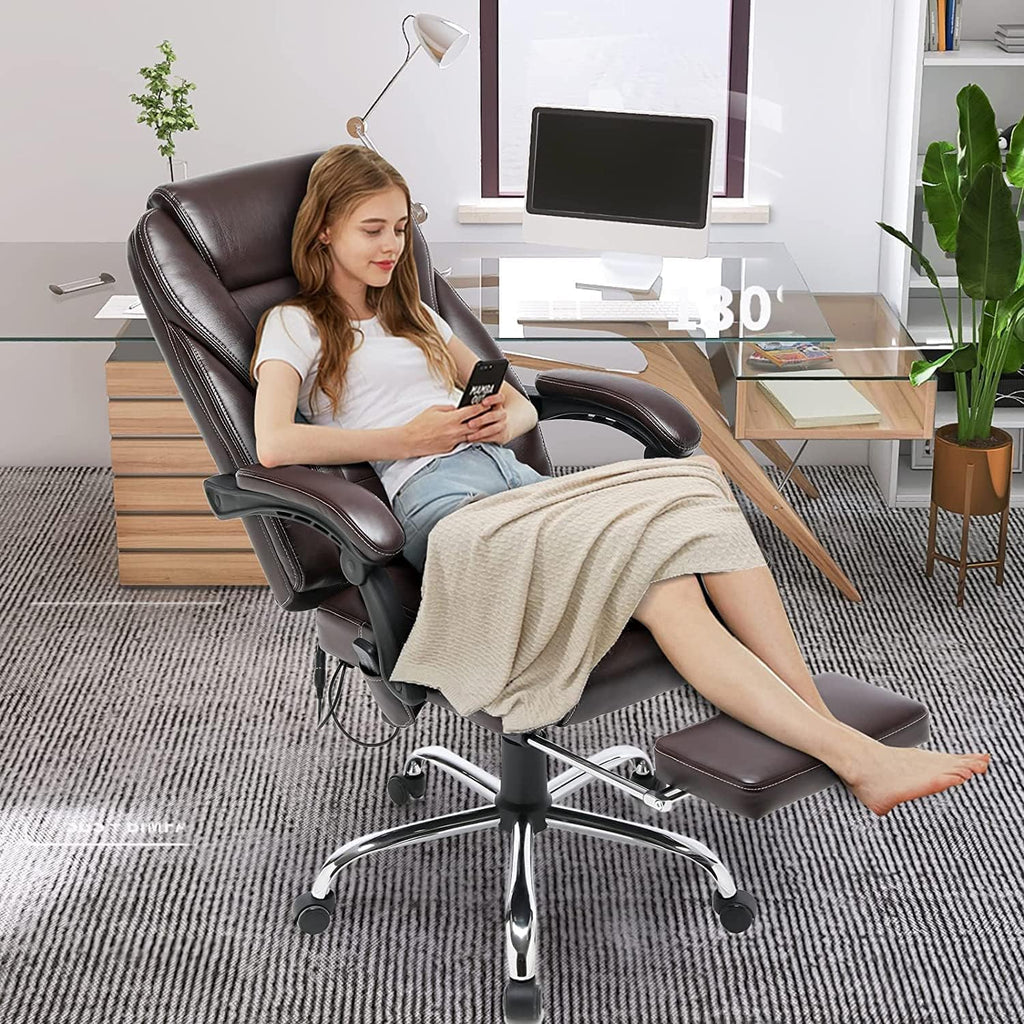 HOMREST 4-Point Massage Reclining Office Chair, Leather Heating Executive Chair, Ergonomic Home Office Desk Chair with Retractable Footrest,Computer Chair for Home Office, Study, Gaming (Brown)