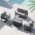 LayinSun 4 Pieces Aluminum Outdoor Patio Furniture Set, Metal Modern Conversation Sofa Set with Fire Pit Table and Washable Thick Cushions for Porch, Backyard, Deck
