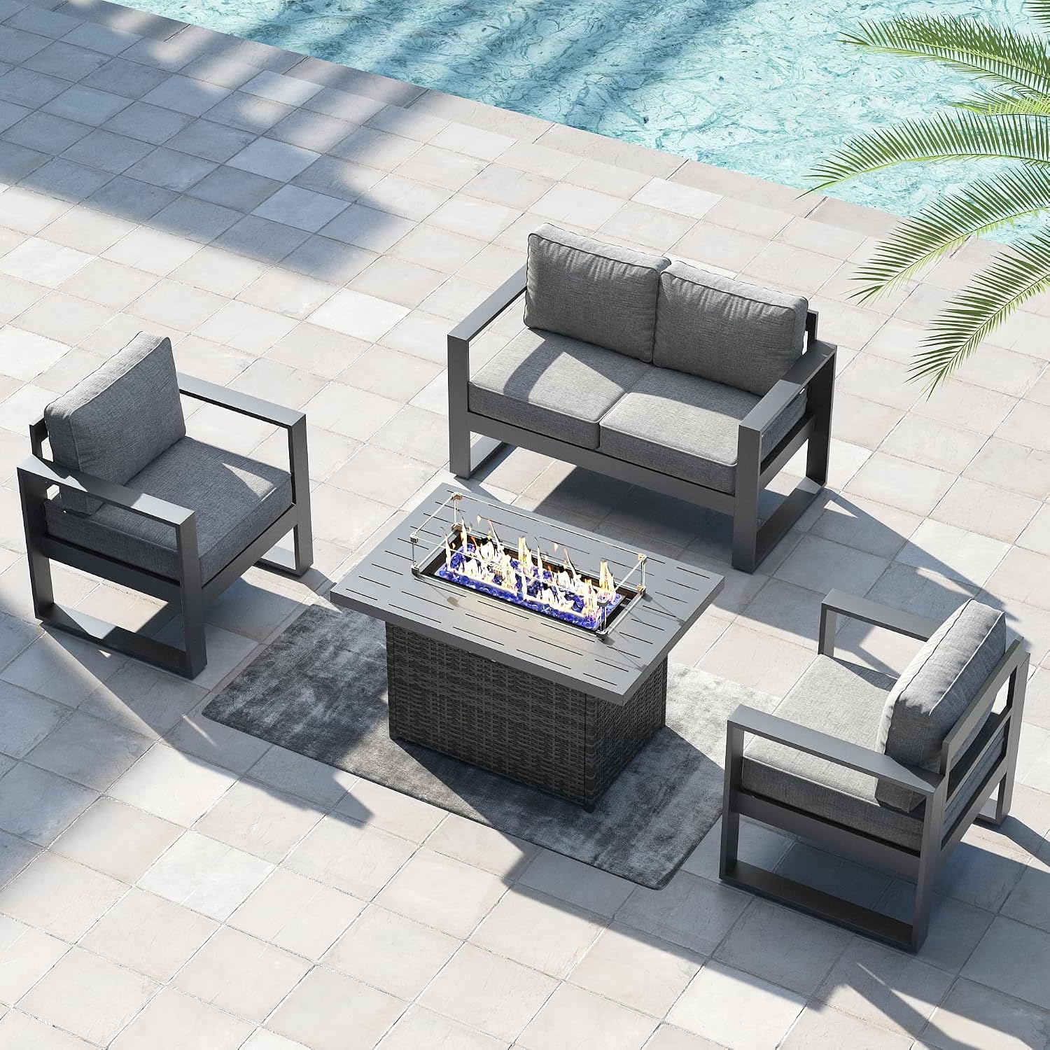 LayinSun 4 Pieces Aluminum Outdoor Patio Furniture Set, Metal Modern Conversation Sofa Set with Fire Pit Table and Washable Thick Cushions for Porch, Backyard, Deck