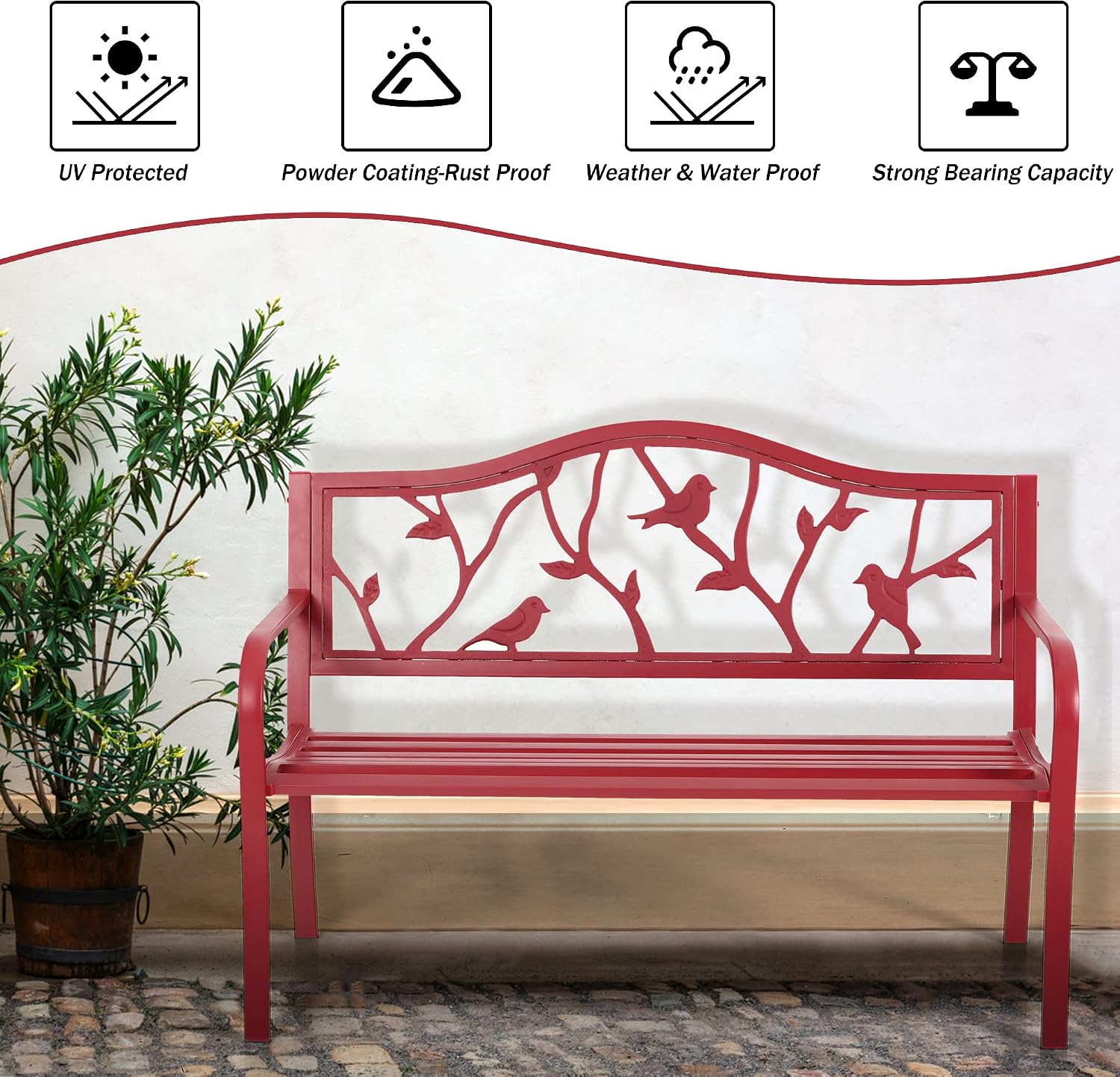PHI VILLA Outdoor Patio 50' Metal Park Bench Red, Steel Frame Bench with Backrest and Armrests for Porch, Patio, Garden, Lawn, Balcony, Red Bird