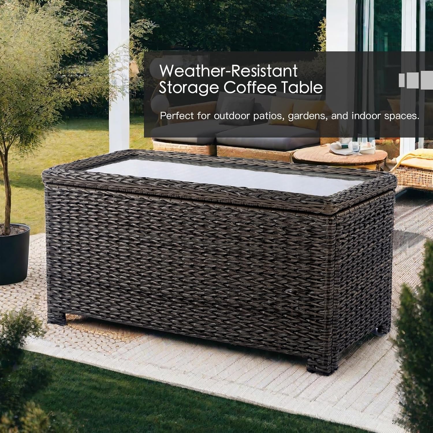 Classic Wicker Patio Coffee Table with Storage, 40'' All-Weather Rattan Outdoor Coffee Tables, Tempered Glass Flip-Top, Waterproof for Porch Backyard, Dark Brown